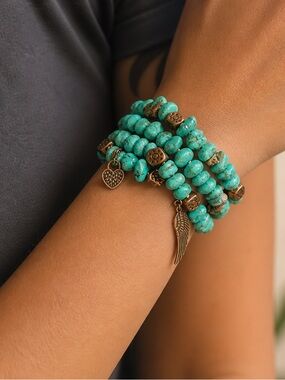 Turquoise Nugget Wrap Around Bracelet w/ Bronze Charms